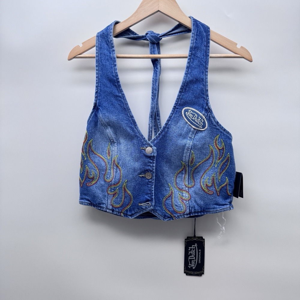 Von Dutch Denim Flame Embroidered Halter Vest Top Blue Sz XL‎ NWT